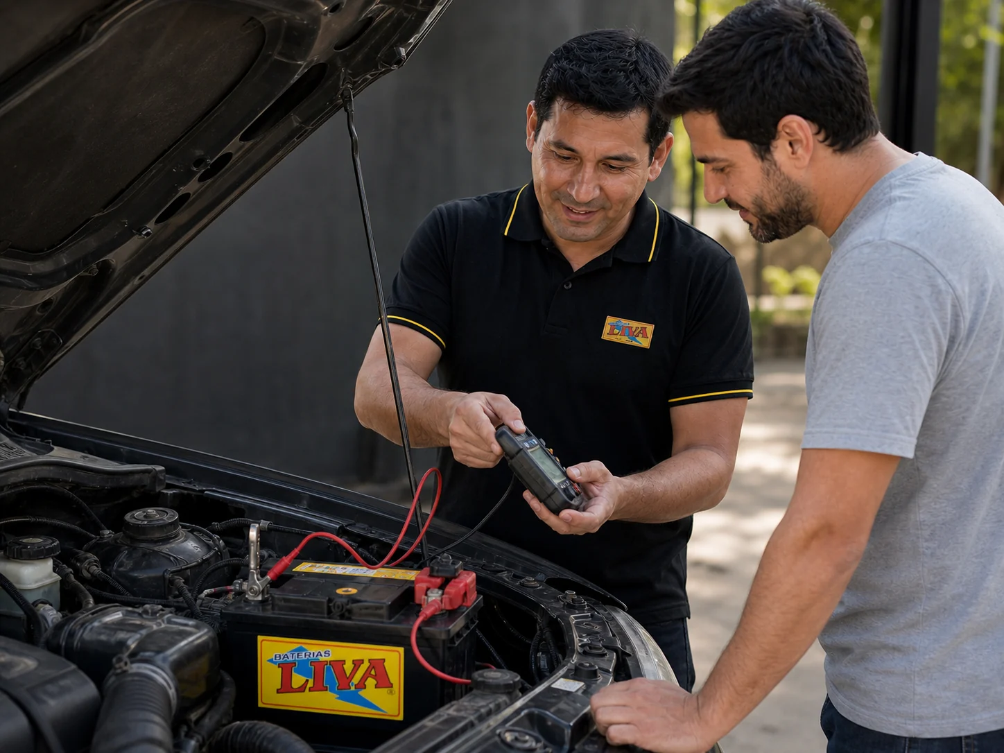 Especialista revisando la batería de un auto junto al cliente