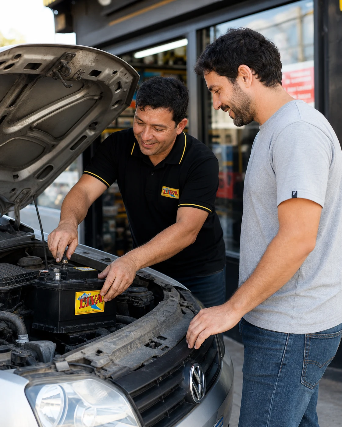 Especialista ayudando a un cliente con la batería de su auto